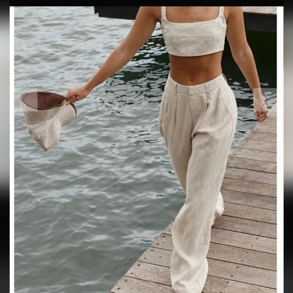 Dissh Norah Natural Linen Pant In Beige Size US 6/AU 10 NWT High Rise